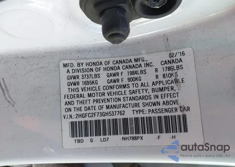 2016 Honda Civic Ex из США, поврежденный, VIN 2HGFC2F73GH537762